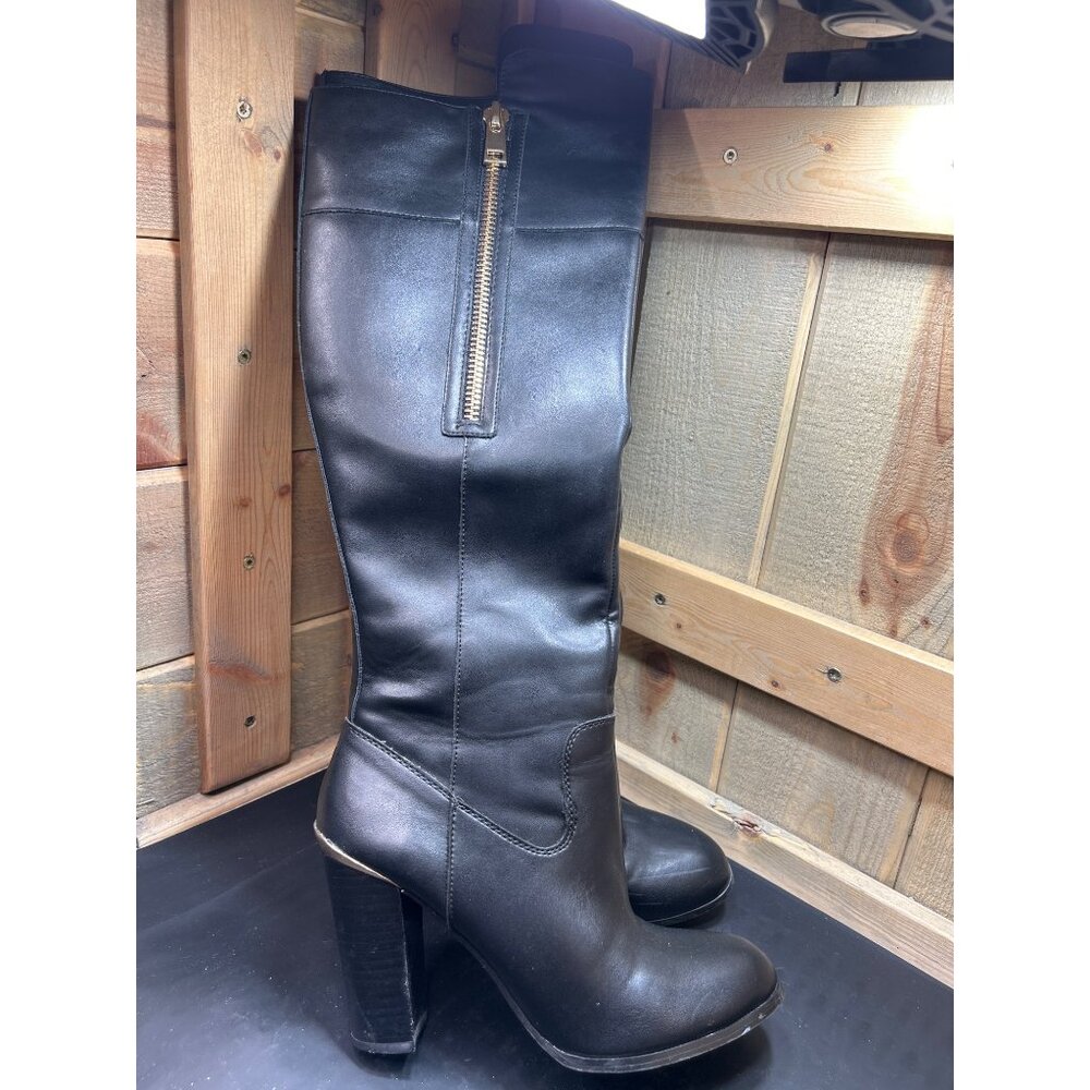 Aldo Black Faux Leather Knee-High Boots Size 8 With Chunky Heel & Side Zipper